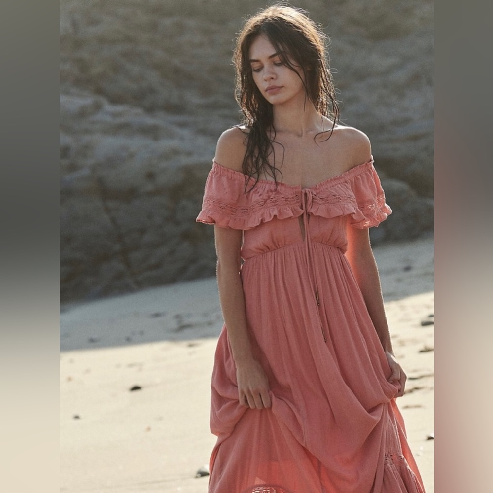 Free People Coral Orange Off-Shoulder Moonlight Ocean Maxi Dress